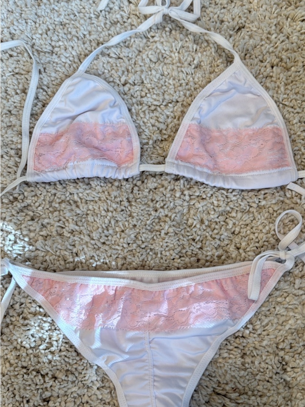 White pink new bikini two piece lace scrunch butt triangle top side tie  small